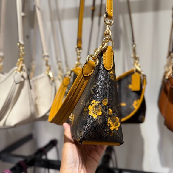 Coach Laurel Small Shoulder Bag Signature Canvas With Floral CCF17 Walnut/Yellow - Picture 3 of 11